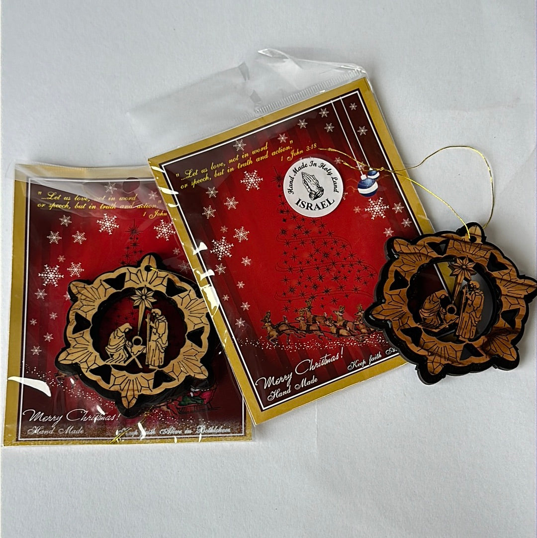 Snow Flake Shaped Olive Wood Ornament - Holy Family w/ Bethlehem Star