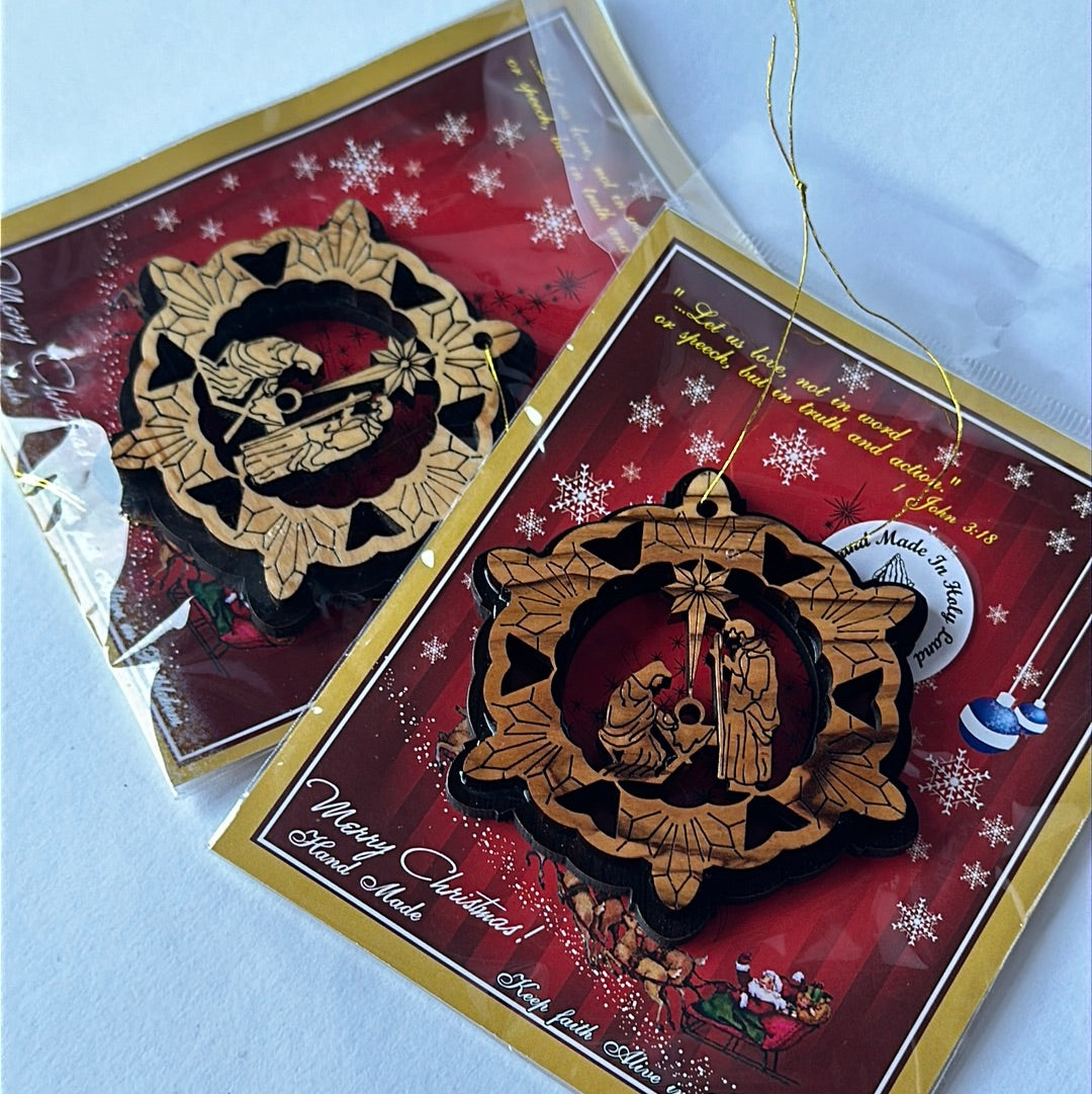 Snow Flake Shaped Olive Wood Ornament - Holy Family w/ Bethlehem Star