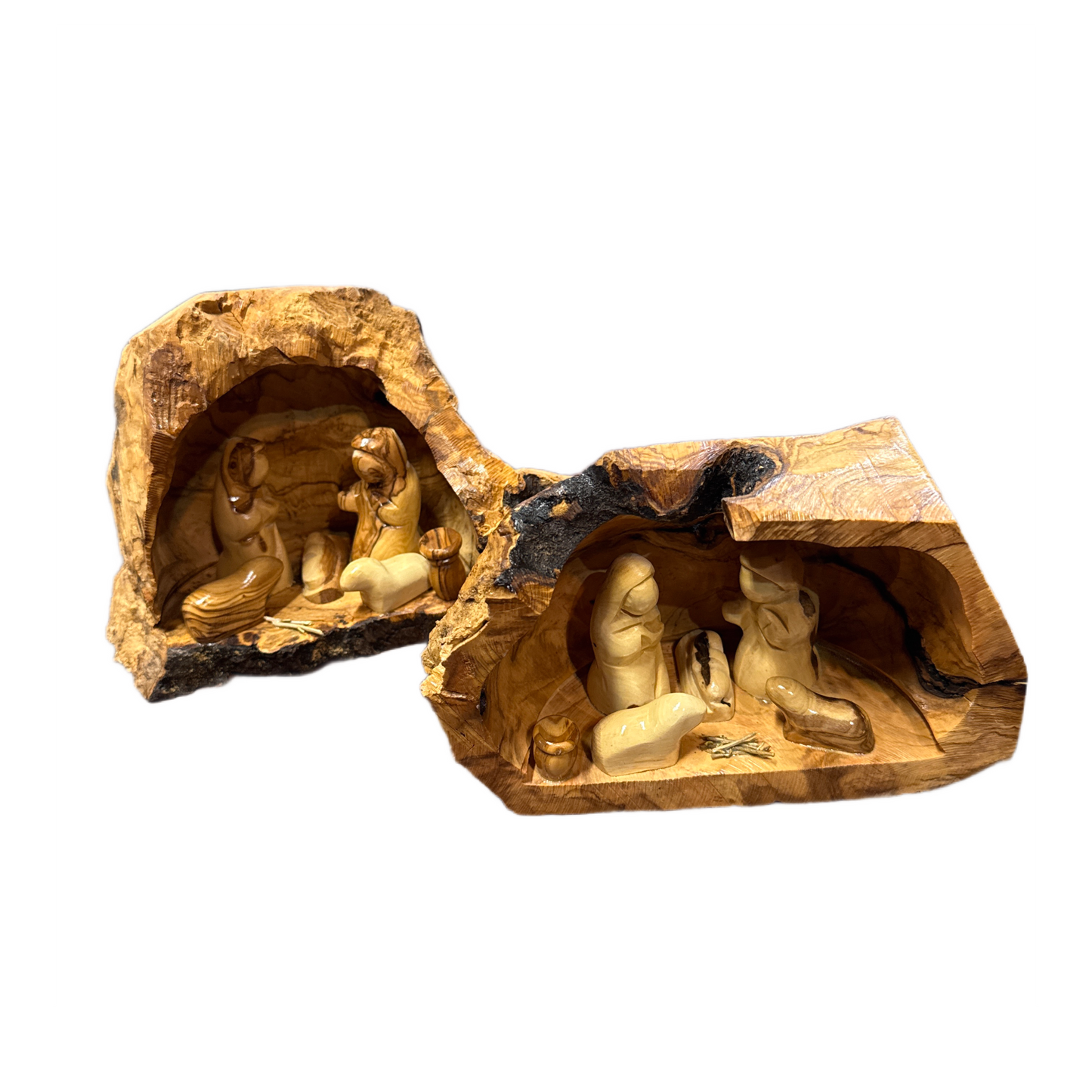 Medium Olive Wood Nativity with Natural Bark — Handmade in Bethlehem