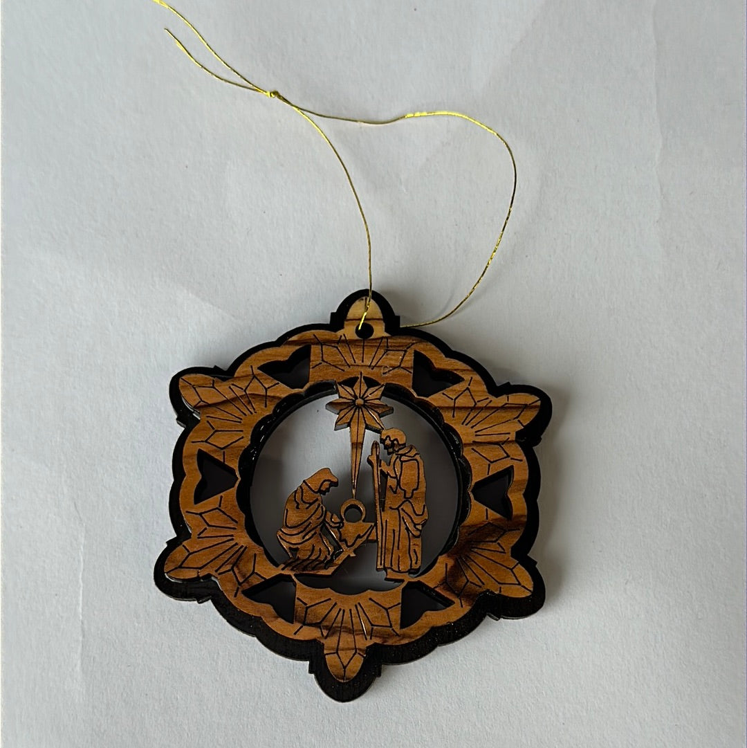 Snow Flake Shaped Olive Wood Ornament - Holy Family w/ Bethlehem Star