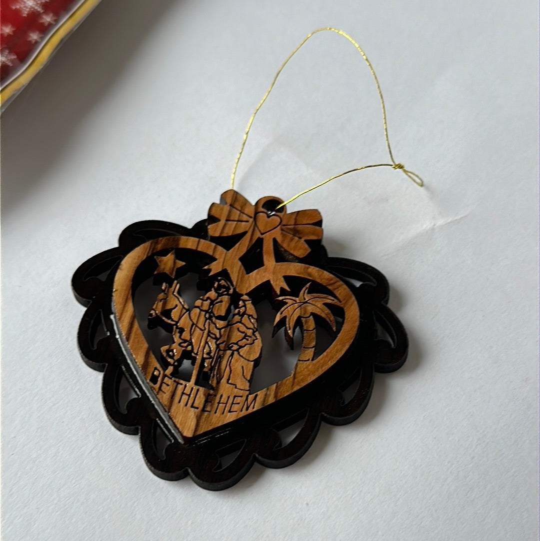 Heart Shaped Olive Wood Ornament - Holy Family w/ Bethlehem Star (“Bethlehem” Engraved)