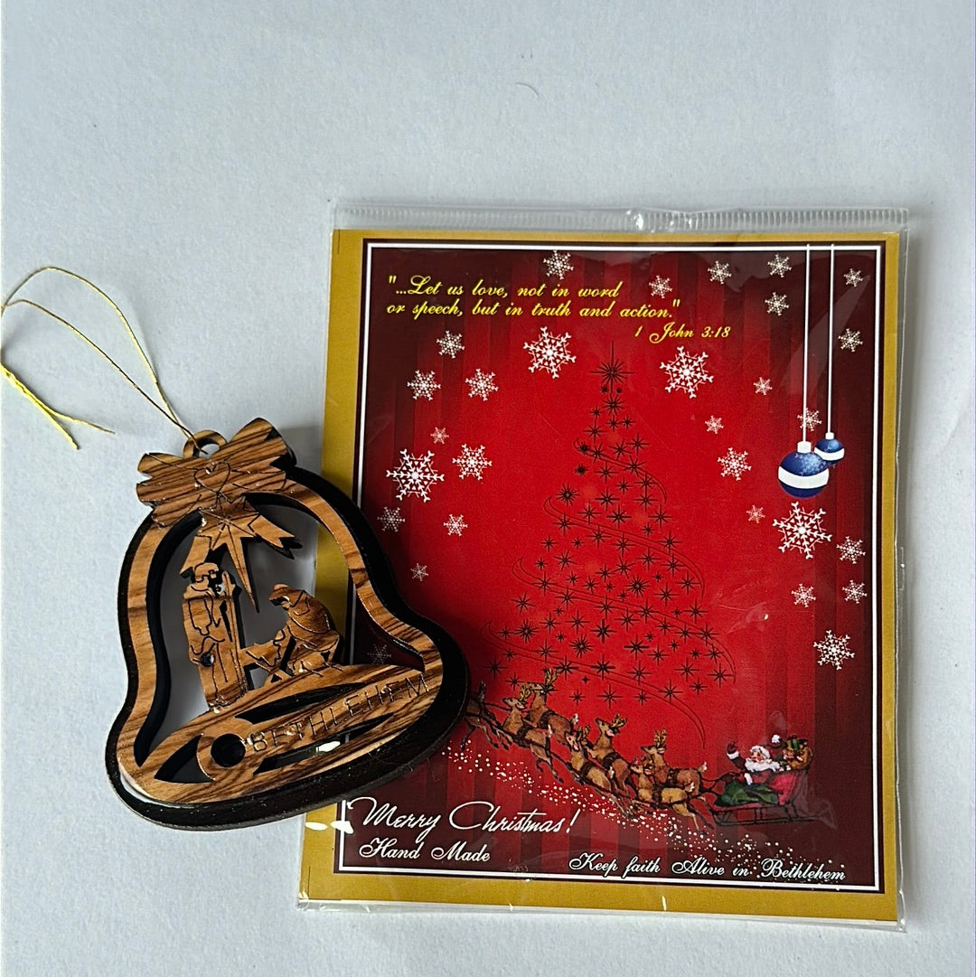 Bell Shaped Olive Wood Ornament - Holy Family w/ Bethlehem Star (“Bethlehem” Engraved)