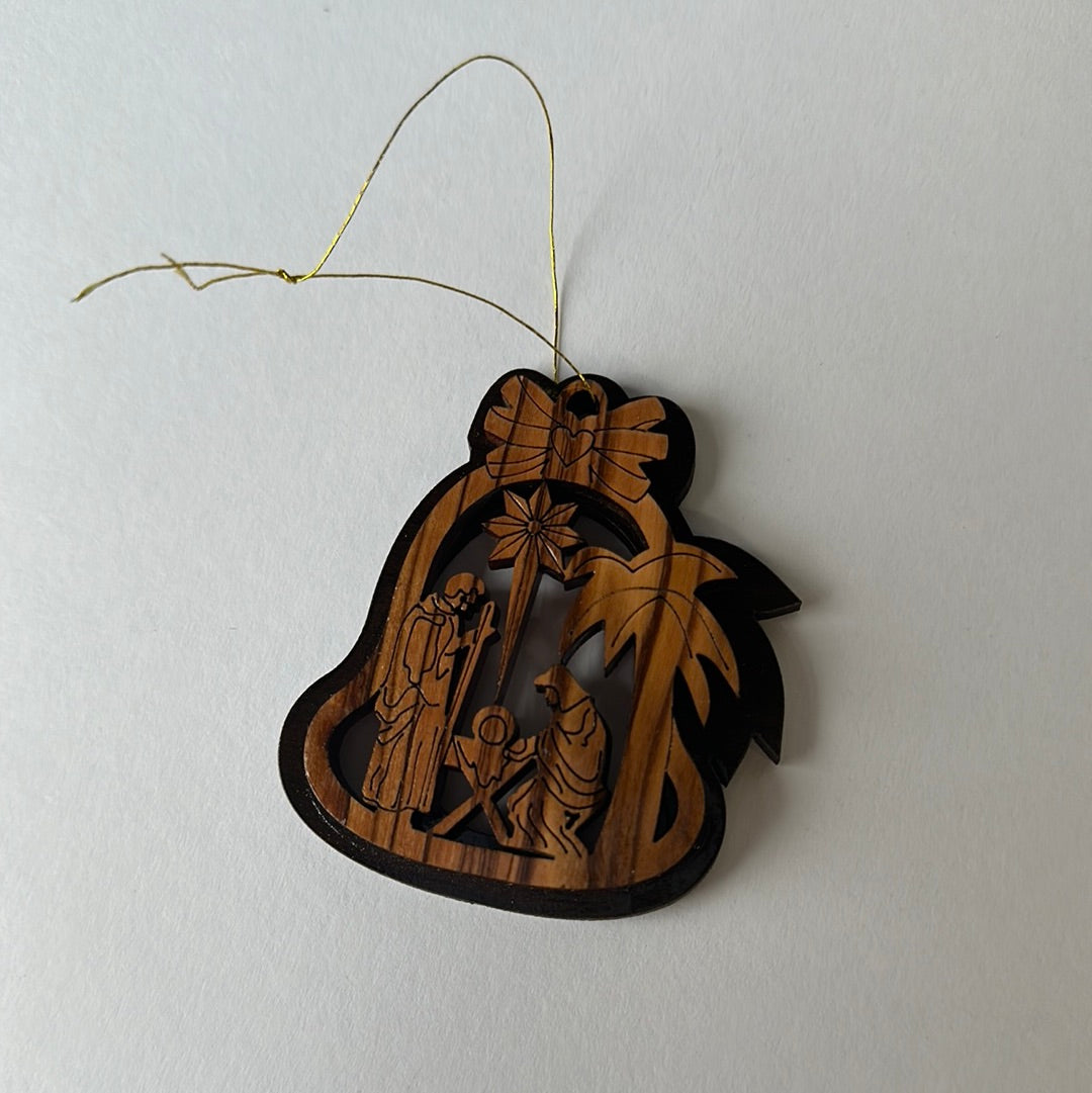 Bell Shaped Olive Wood Ornament - Holy Family w/ Bethlehem Star