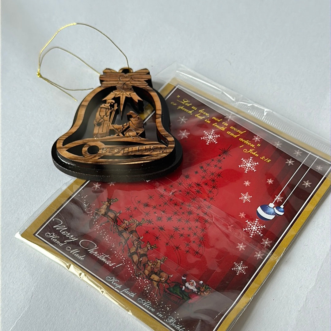 Bell Shaped Olive Wood Ornament - Holy Family w/ Bethlehem Star (“Bethlehem” Engraved)