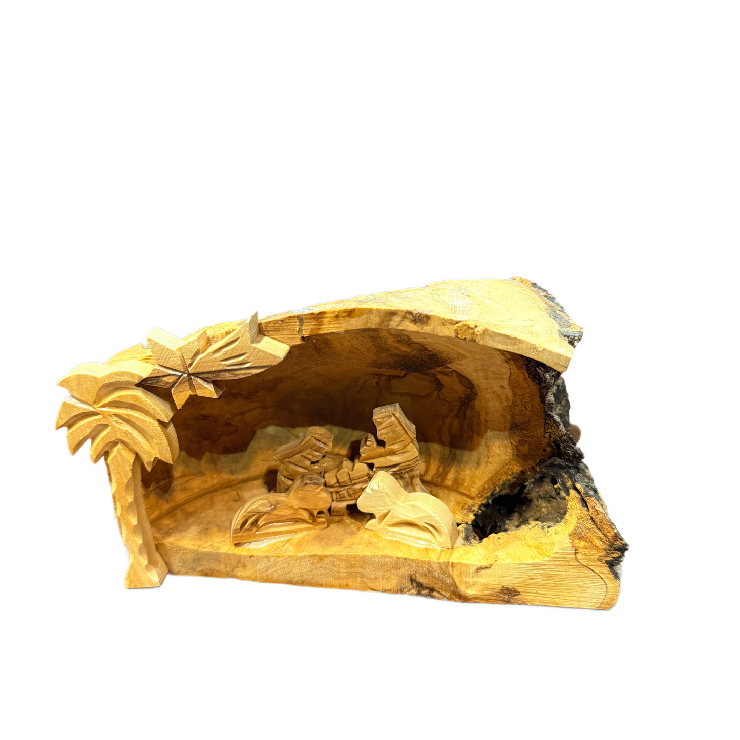 Small Olive Wood Nativity with Natural Bark — Handmade in Bethlehem