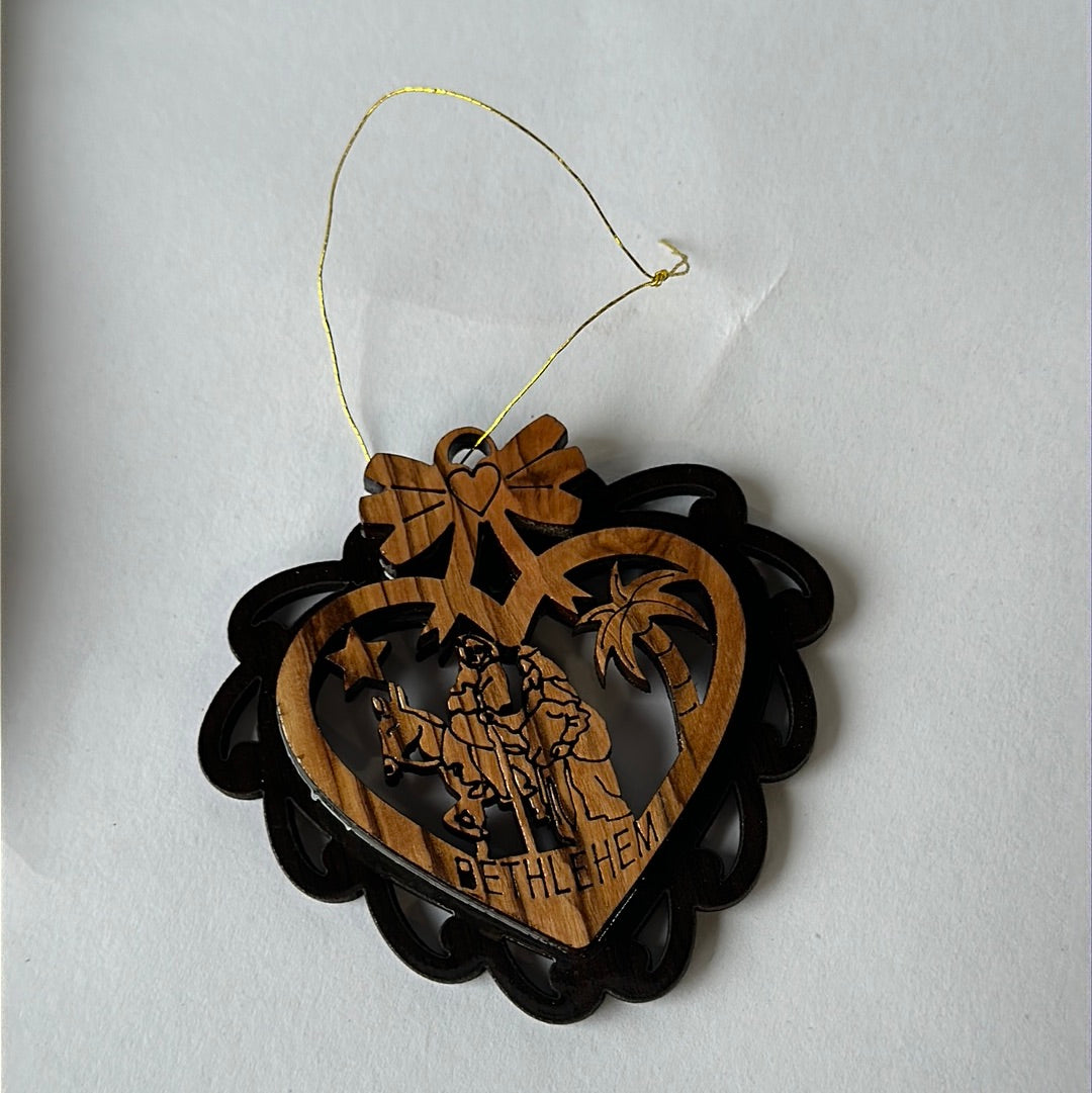 Heart Shaped Olive Wood Ornament - Holy Family w/ Bethlehem Star (“Bethlehem” Engraved)