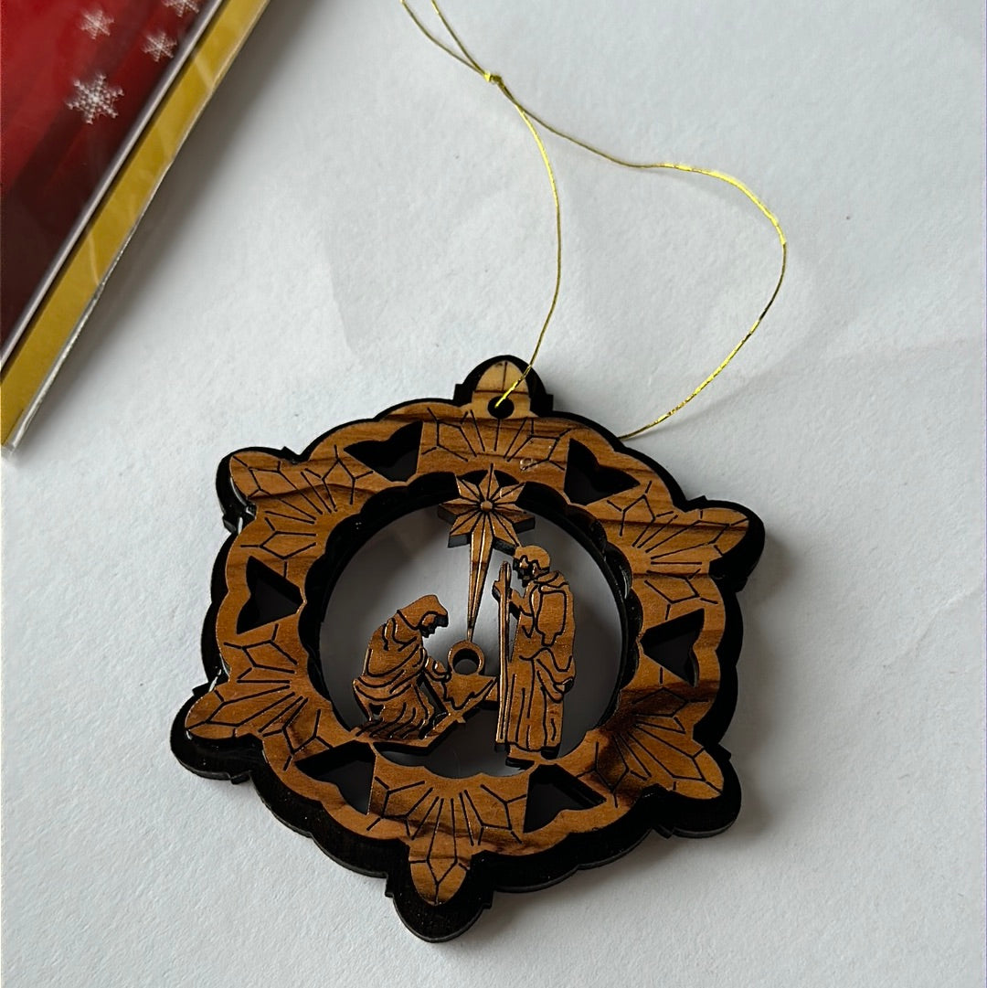 Snow Flake Shaped Olive Wood Ornament - Holy Family w/ Bethlehem Star