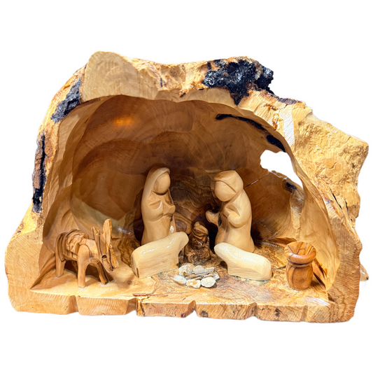 Large Olive Wood Nativity with Natural Bark — Handmade in Bethlehem