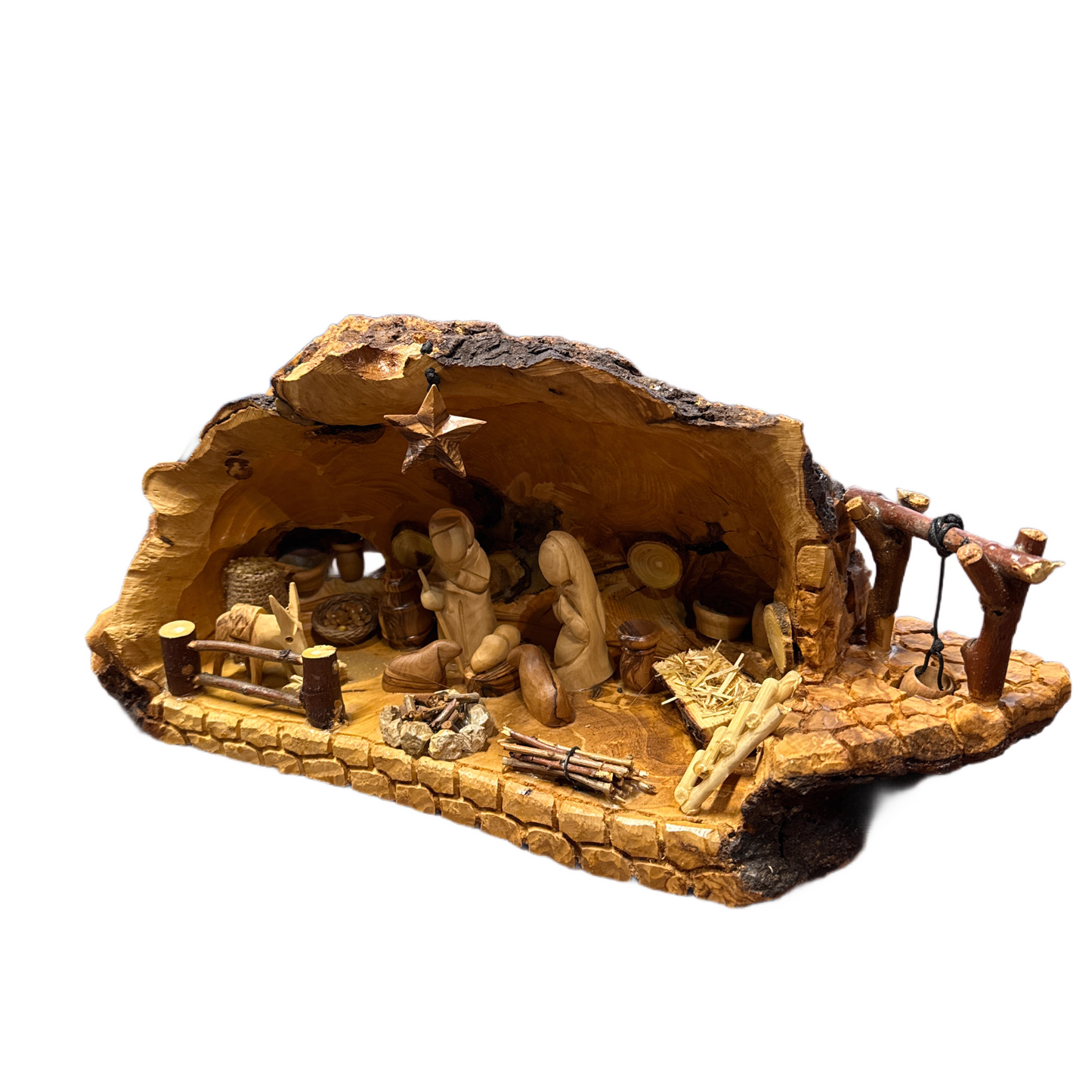 X-Large Olive Wood Nativity with Natural Bark — Handmade in Bethlehem
