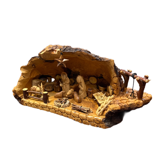X-Large Olive Wood Nativity with Natural Bark — Handmade in Bethlehem