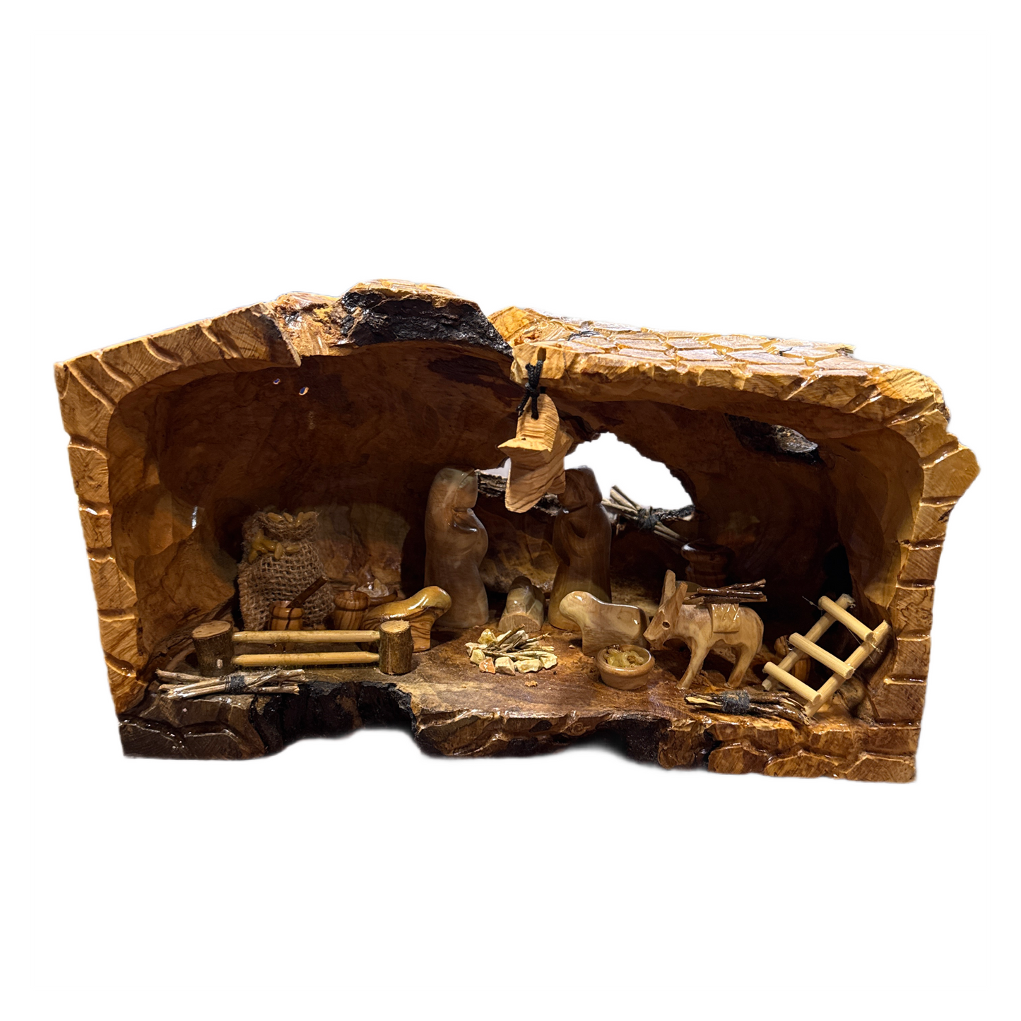 X-Large Olive Wood Nativity with Natural Bark — Handmade in Bethlehem