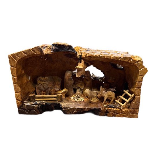 X-Large Olive Wood Nativity with Natural Bark — Handmade in Bethlehem