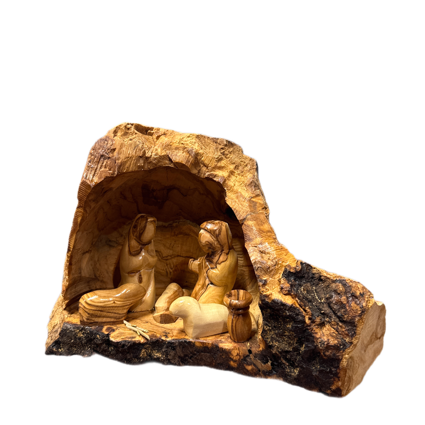 Medium Olive Wood Nativity with Natural Bark — Handmade in Bethlehem
