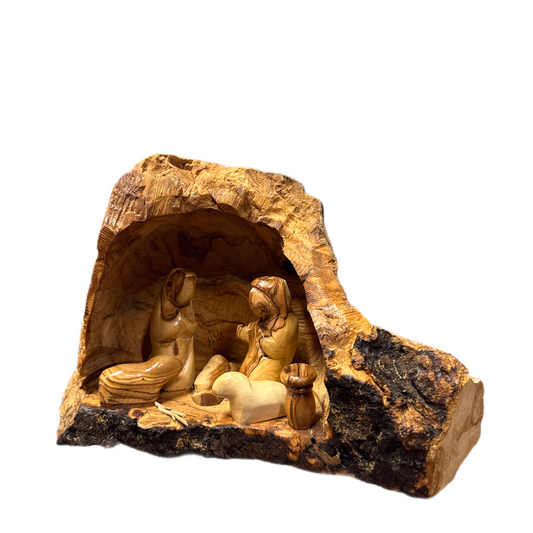 Medium Olive Wood Nativity with Natural Bark — Handmade in Bethlehem
