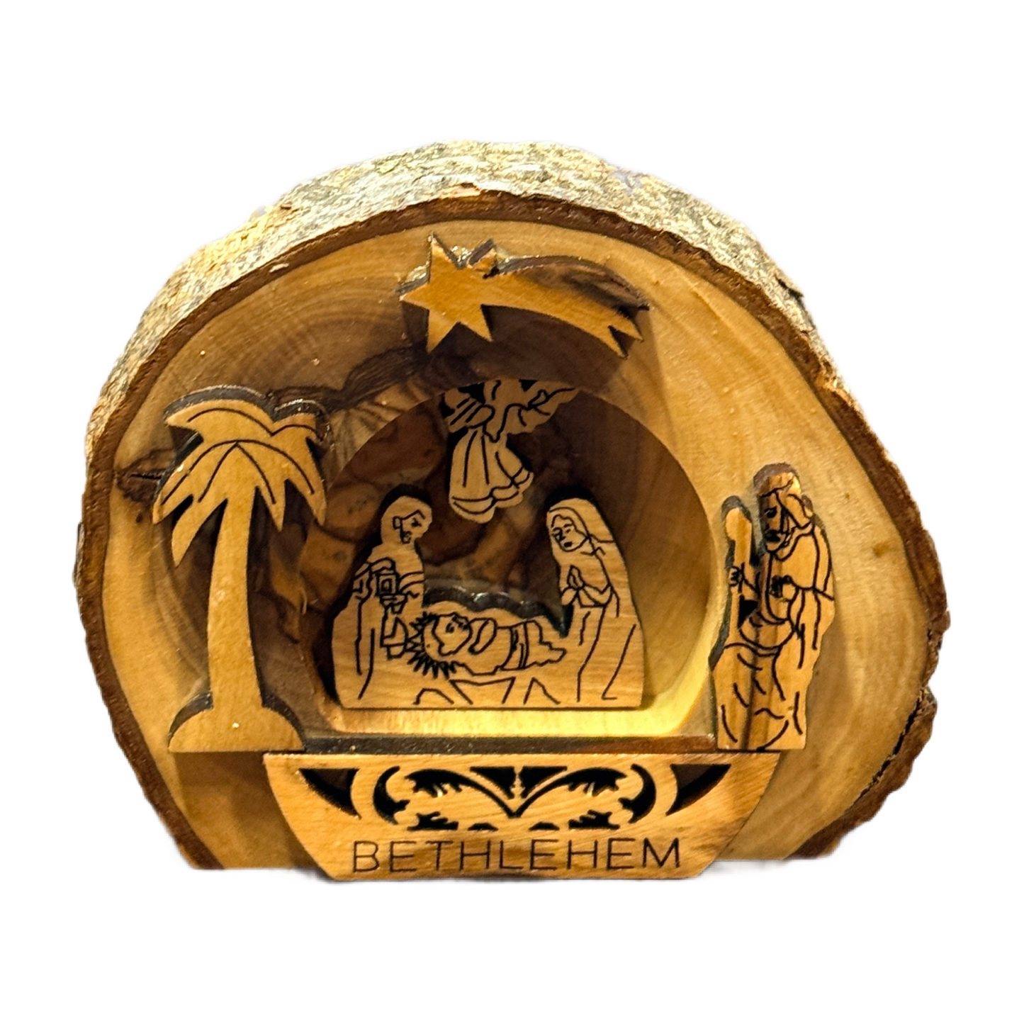 Olive Wood Bark Nativity Scene — Handmade in Bethlehem