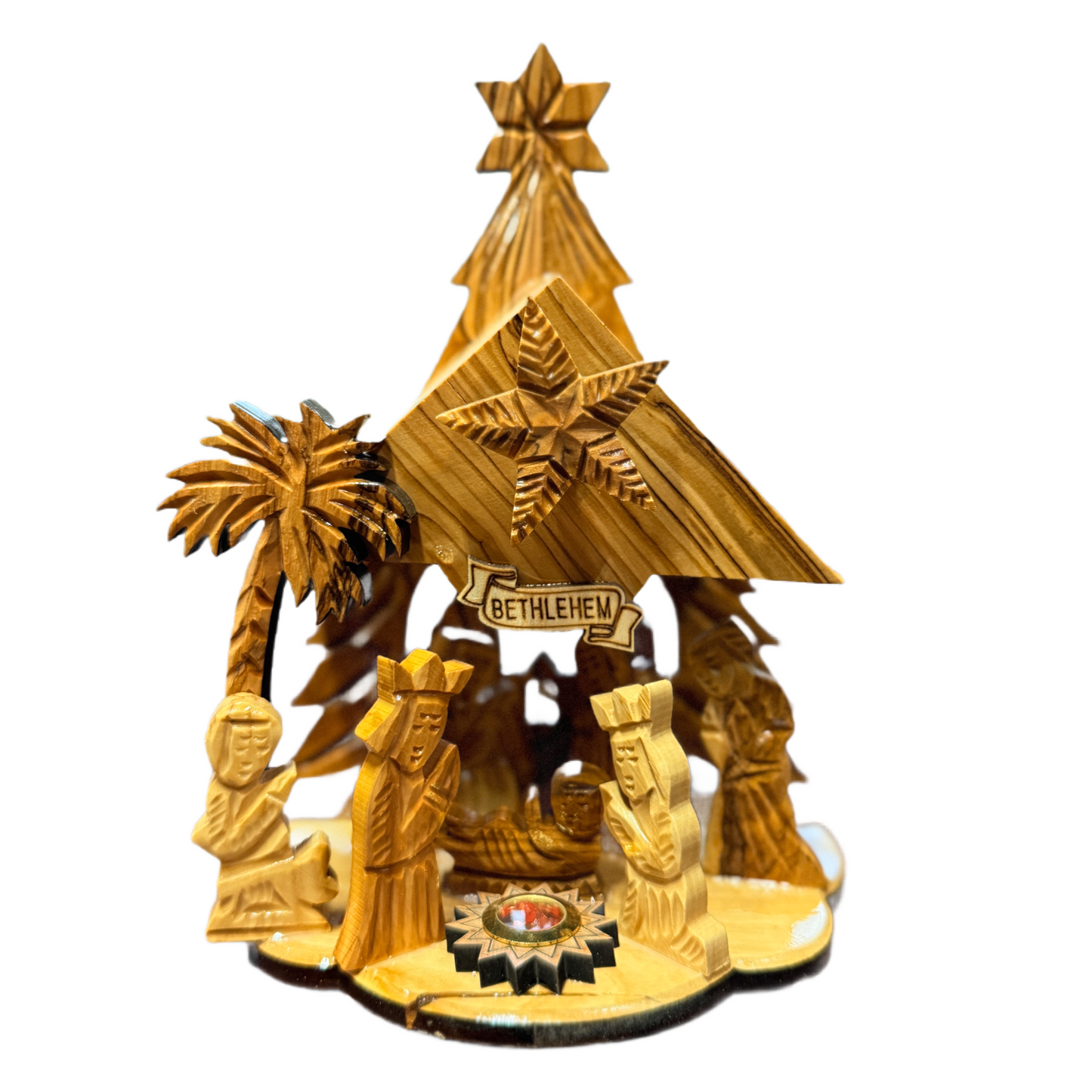 Musical Olive Wood Tree Nativity — Handmade in Bethlehem (Silent Night)